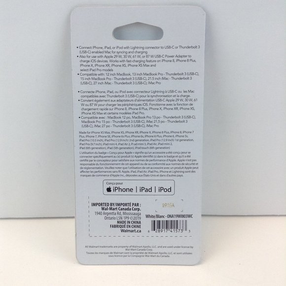 onn Charge & Sync Cable Lightning to USB C Connector for iPhone, iPad, iPod NEW - Picture 3 of 4